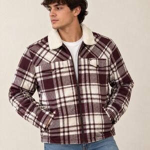 True Religion Maroon White Plaid Sherpa Utility Jacket Mens XL